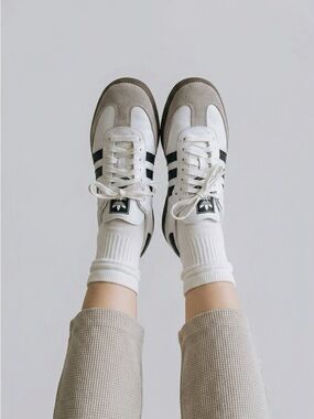 Samba adidas White Sneakers with Black Stripes and Gray Suede Accents
